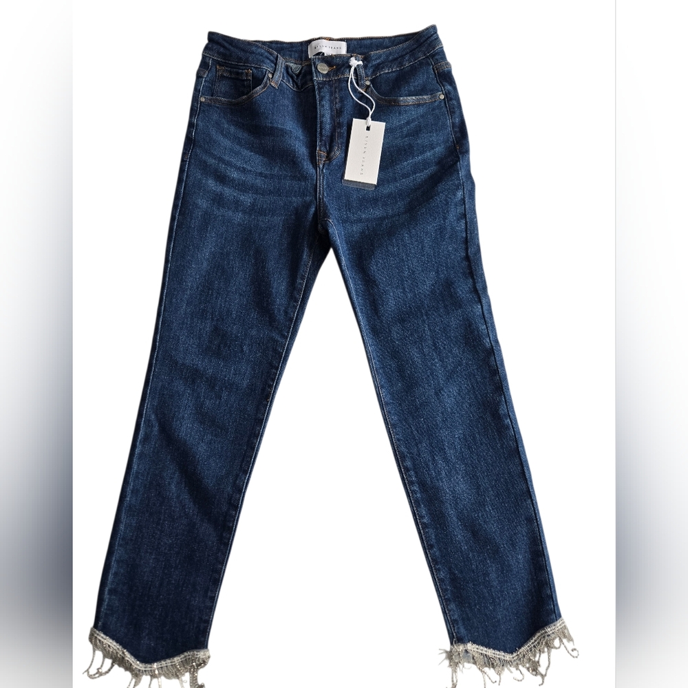 NWT Risen Jeans Western Rhinestone Fringe Crop Straight Jeans Womens Size 9 29